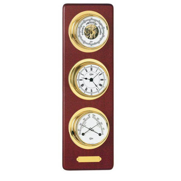 Barigo kello, ilmapuntari ja lämpömittari yhdistelmä mahonki alustalla, pystymalli